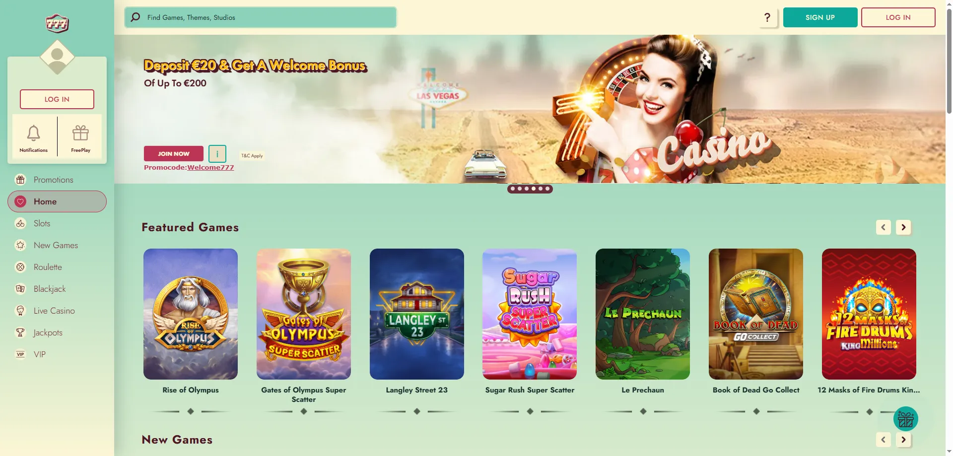 777 Casino lobby overview with live games and slots in 2026