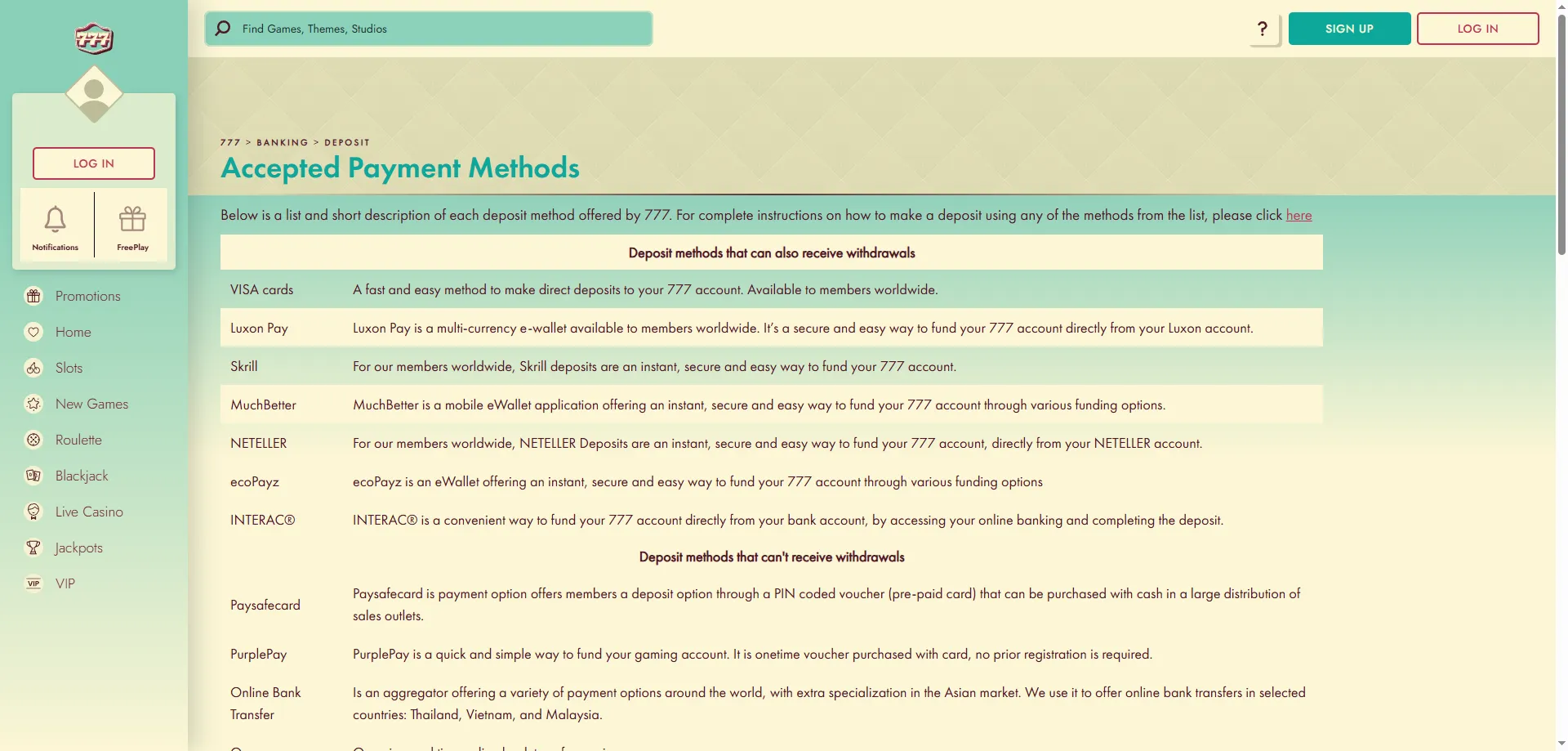 777 Casino deposit and withdrawal payment methods overview